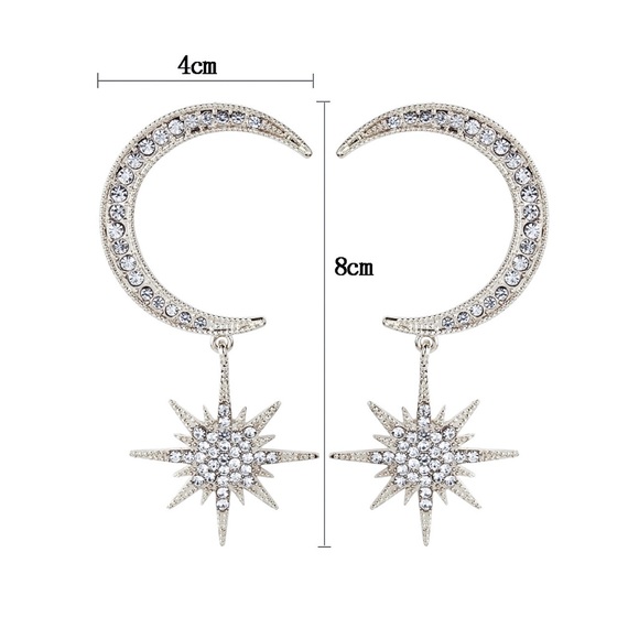 Silver & Crystal Crescent Moon w/Star Earrings - Picture 6 of 7